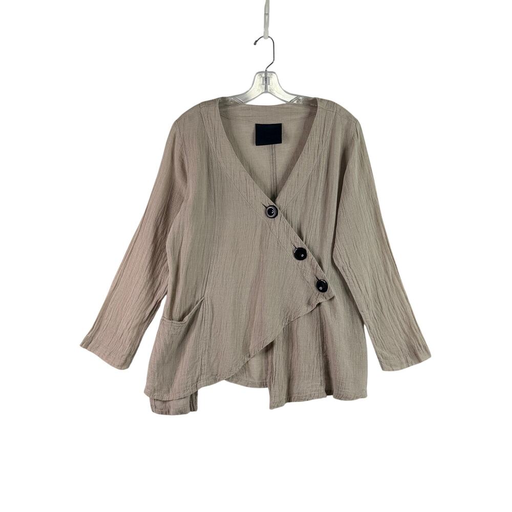 Blanque Long Sleeve Asymmetrical Linen Blend Crinkle Gauze Button Top Beige 0